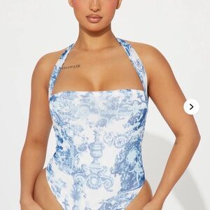 Fashion Nova Blue and White Mesh Bodysuit